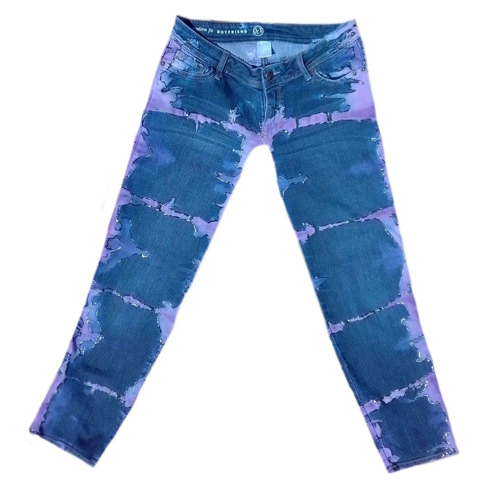 Upcycled block dyed hand painted jeans